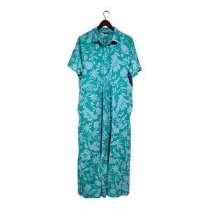 Joules Button-Down Maxi Shirt Dress Tiered Short Sleeve Aqua Floral Fruit Sz 16